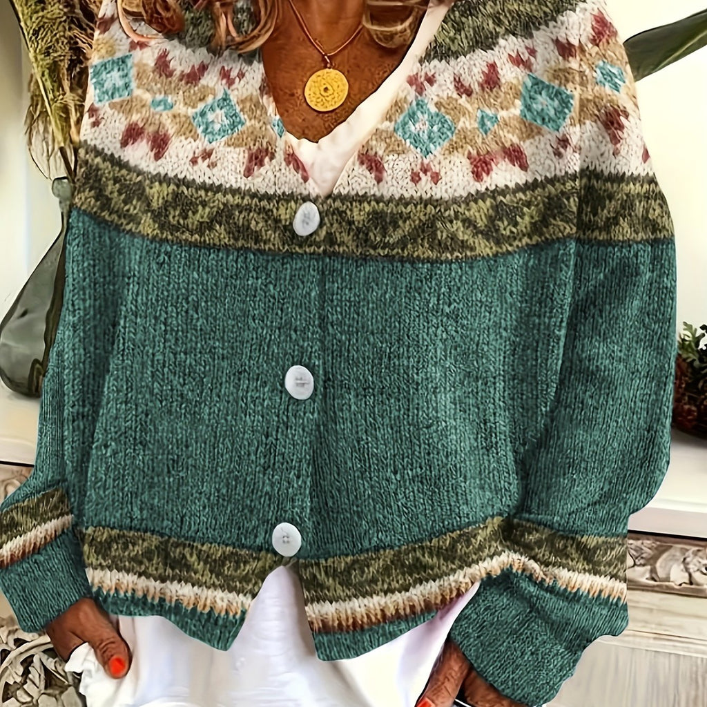 Patterned Button-Front Cardigan – Casual Wear, Layering