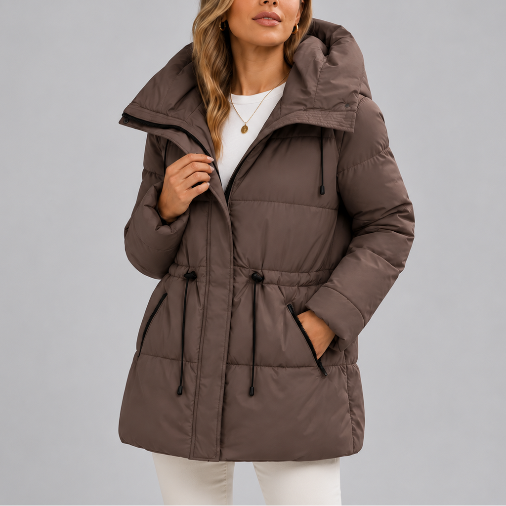 Women's Hooded Puffer Coat with Drawstring Waist – Casual, Winter Wear