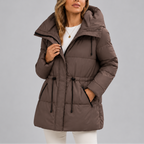 Women's Hooded Puffer Coat with Drawstring Waist – Casual, Winter Wear