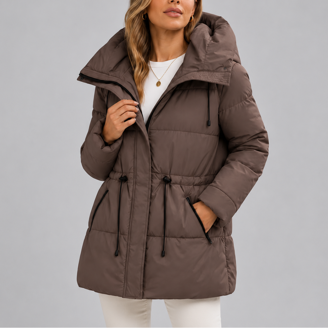 Women's Hooded Puffer Coat with Drawstring Waist – Casual, Winter Wear