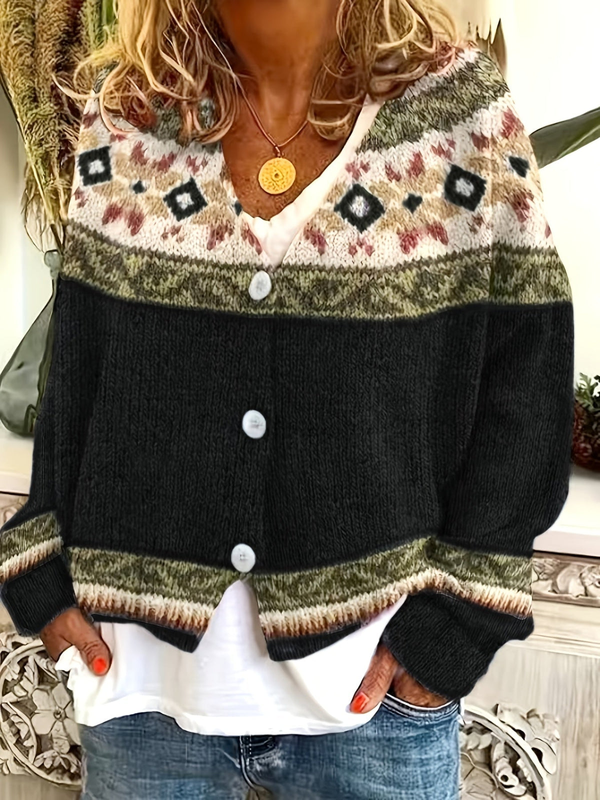 Patterned Button-Front Cardigan – Casual Wear, Layering