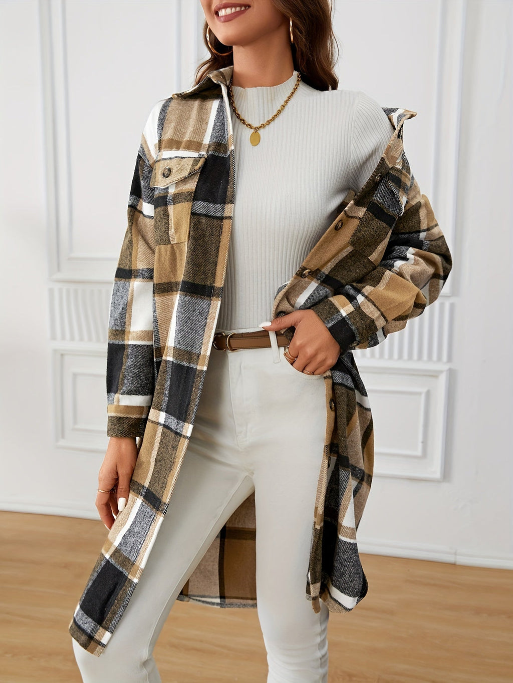 Longline Plaid Coat – Casual Wear, Stylish Layering