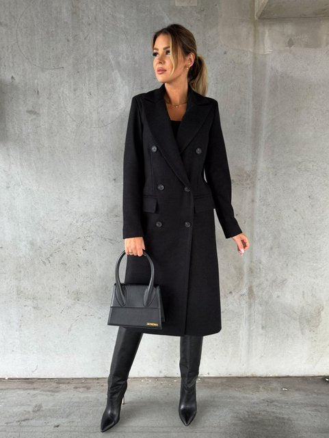 Women's Double-Breasted Winter Coat with Sleeves – Casual, Office