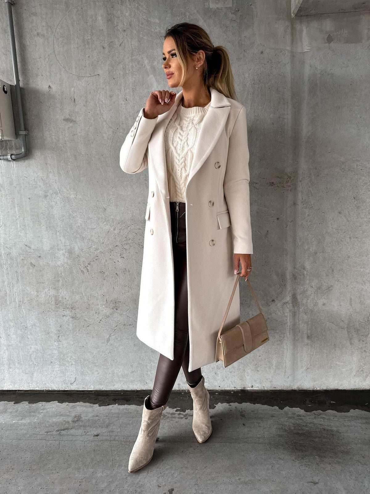 Women's Double-Breasted Winter Coat with Sleeves – Casual, Office