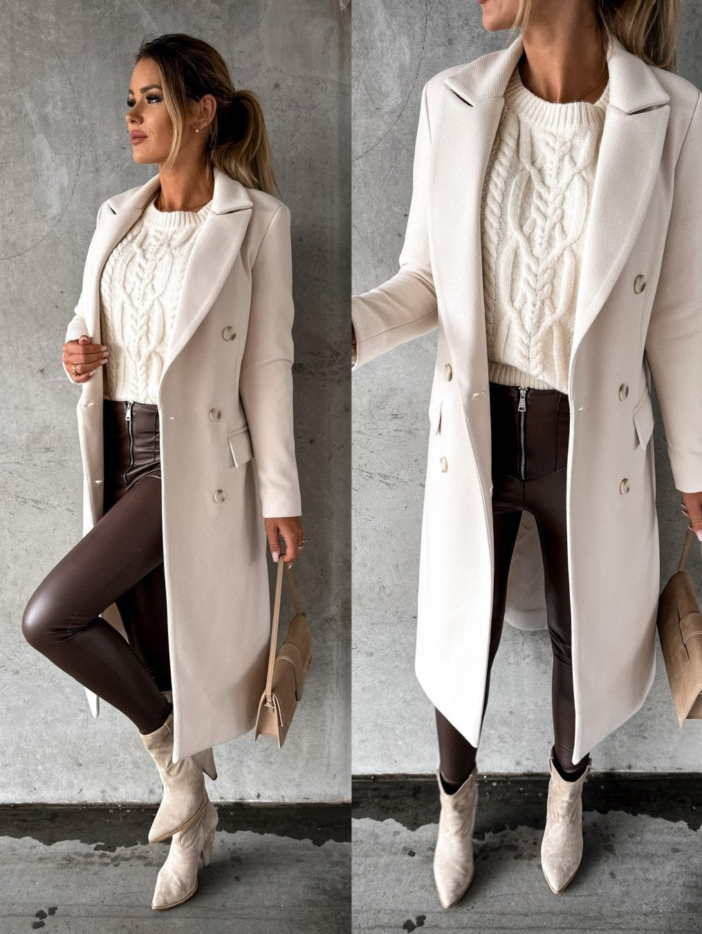 Women's Double-Breasted Winter Coat with Sleeves – Casual, Office
