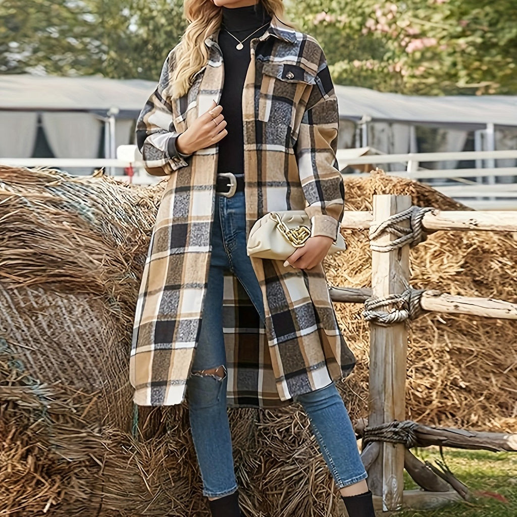 Longline Plaid Coat – Casual Wear, Stylish Layering