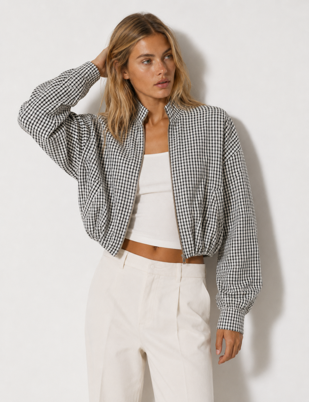 Ladies Casual Plaid Crop Jacket with Stand Collar – Everyday Wear, Stylish Layering