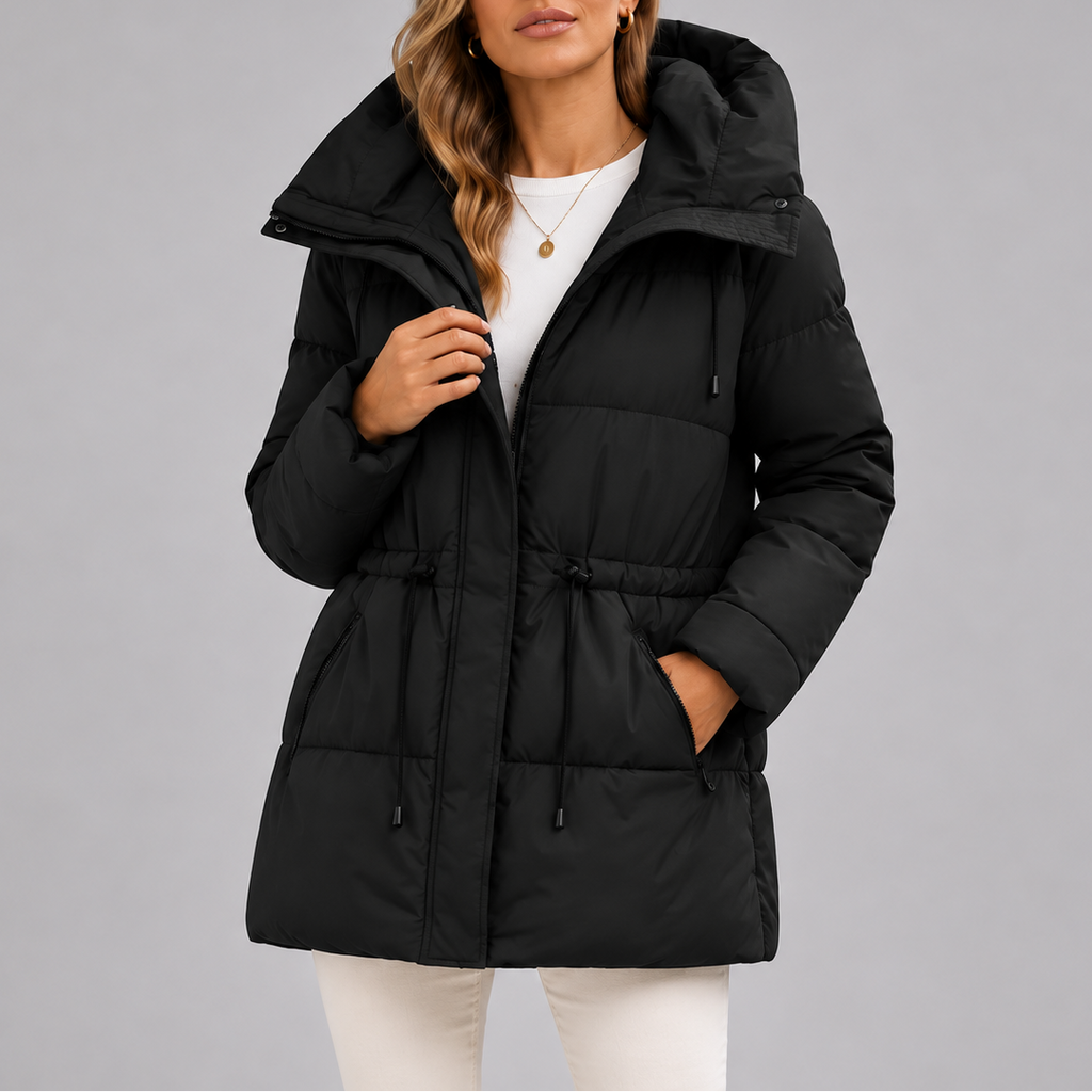 Women's Hooded Puffer Coat with Drawstring Waist – Casual, Winter Wear