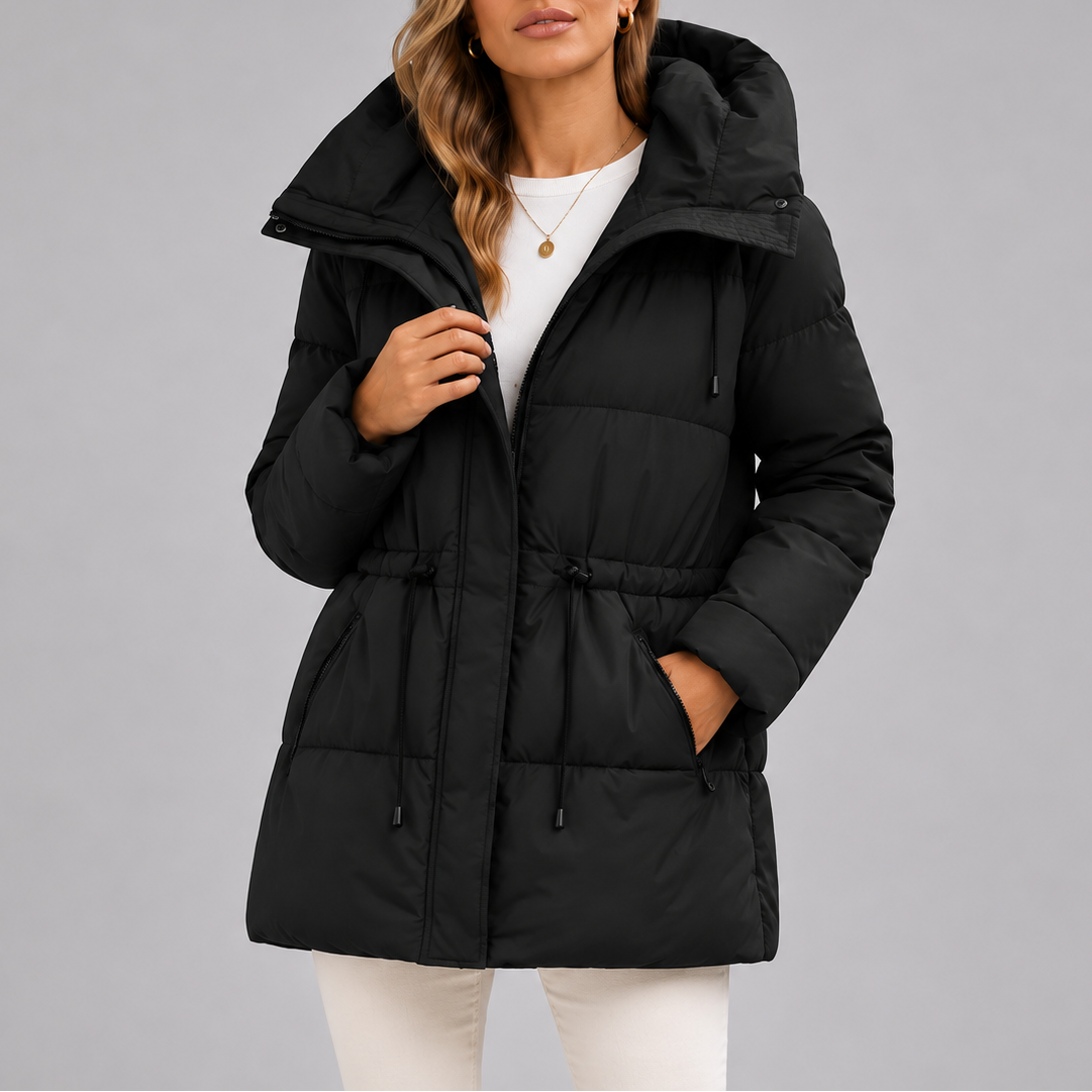 Women's Hooded Puffer Coat with Drawstring Waist – Casual, Winter Wear