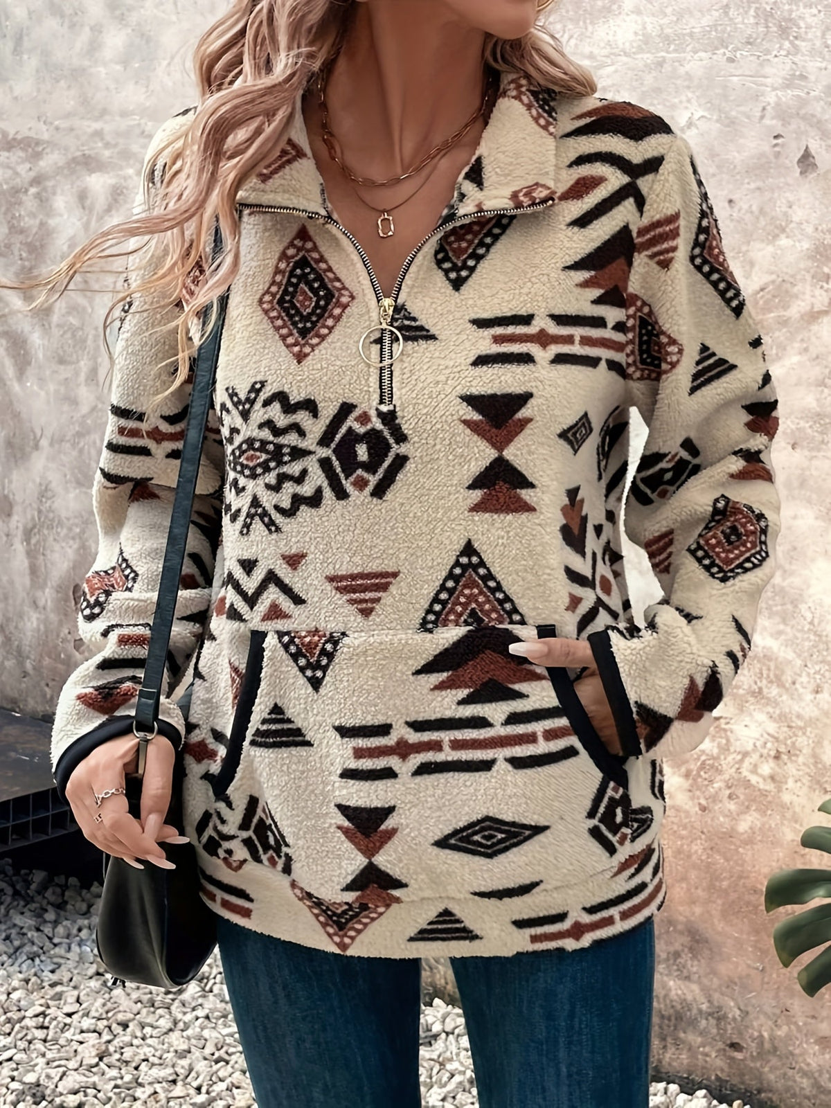 Aztec-Print Quarter-Zip Pullover – Casual Wear, Layering