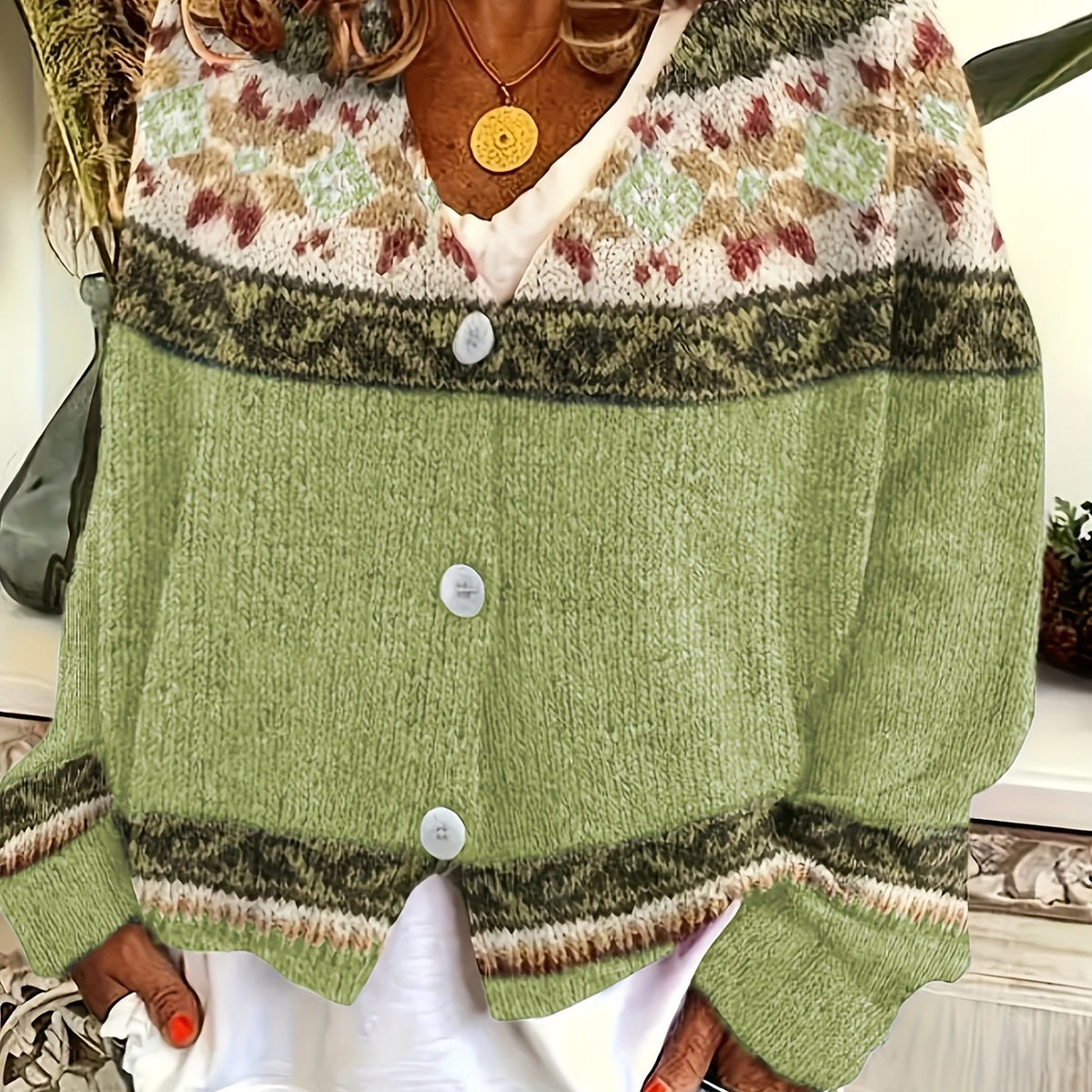 Patterned Button-Front Cardigan – Casual Wear, Layering