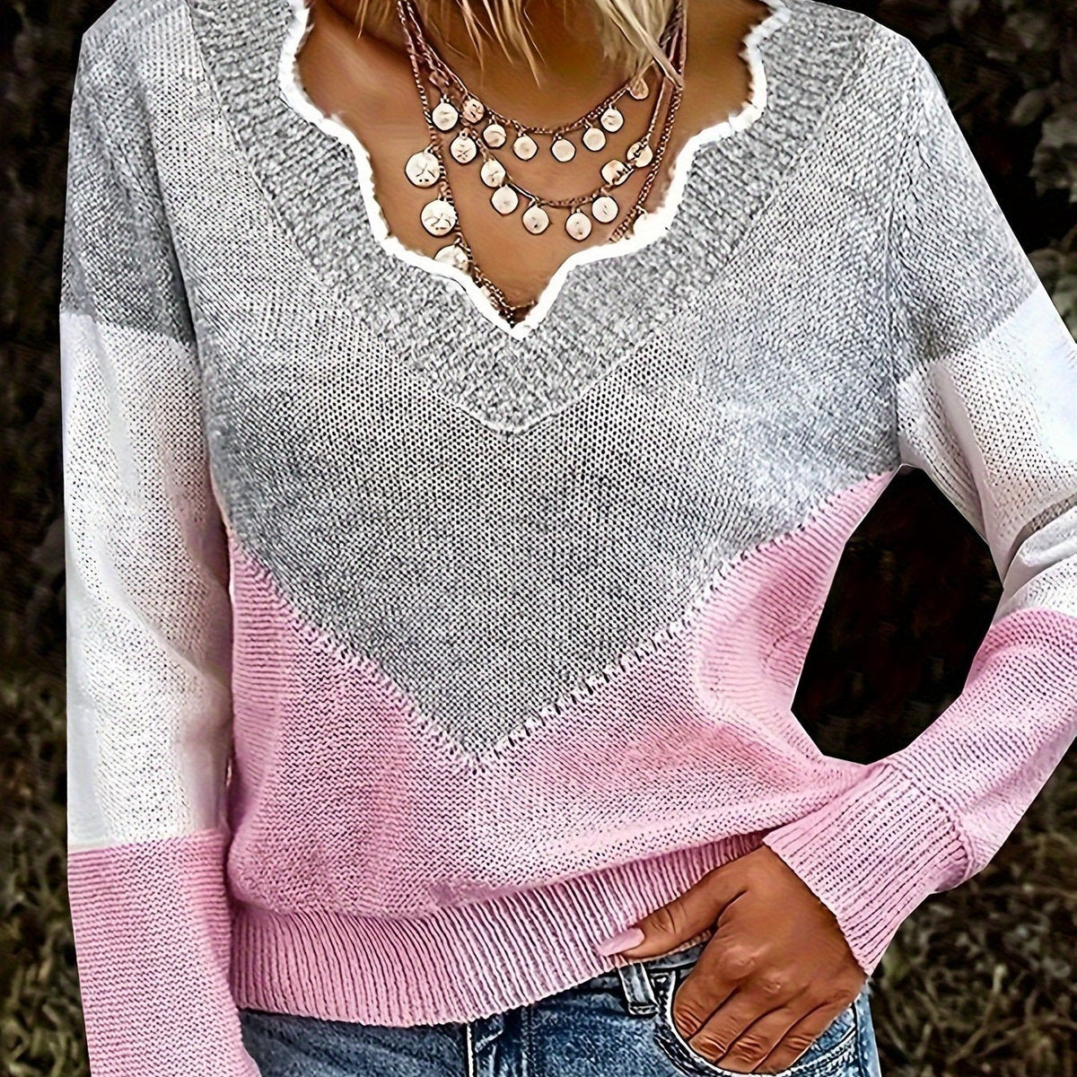 V-Neck Colorblock Sweater – Casual Wear, Stylish Layering