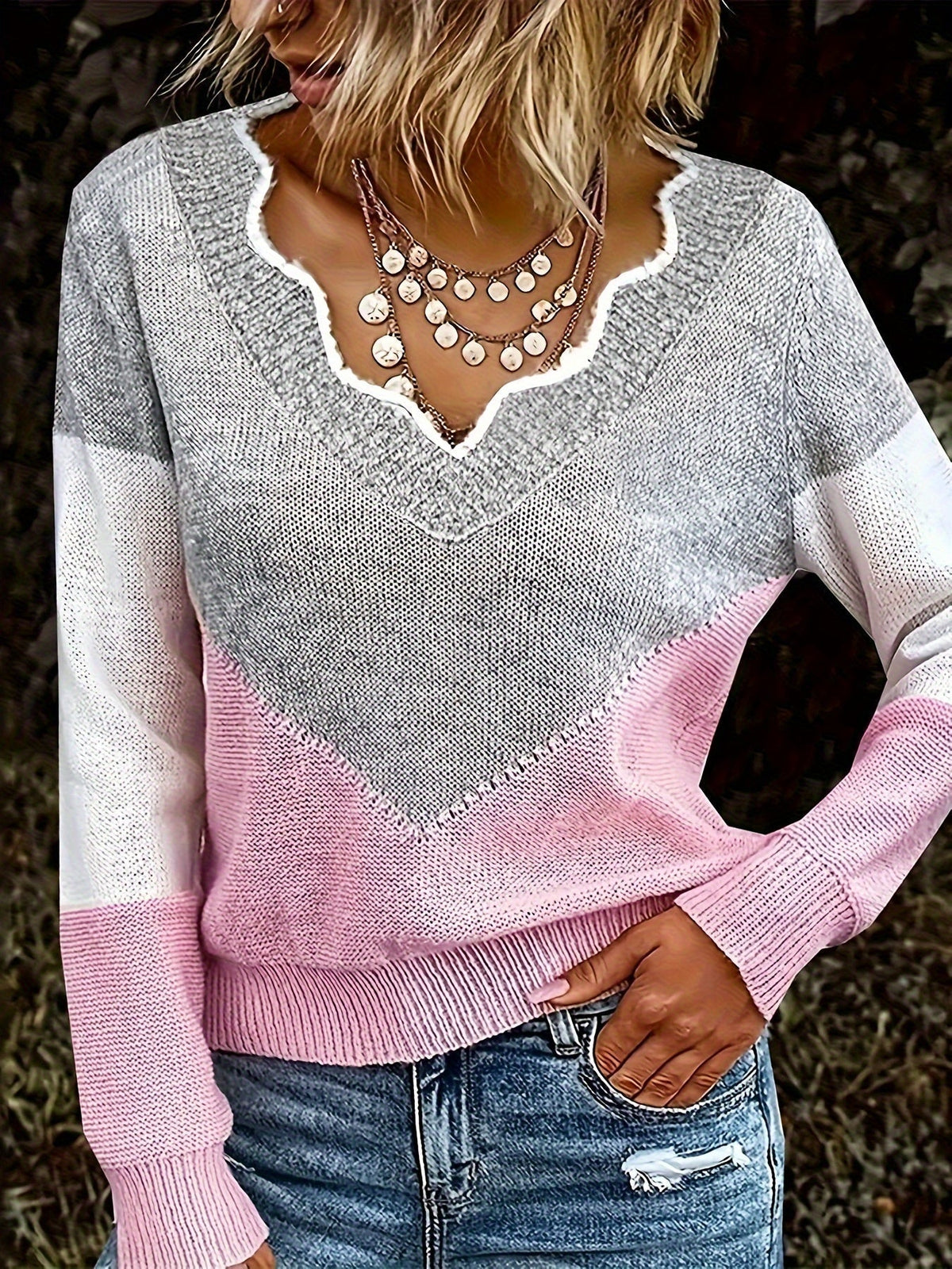 V-Neck Colorblock Sweater – Casual Wear, Stylish Layering