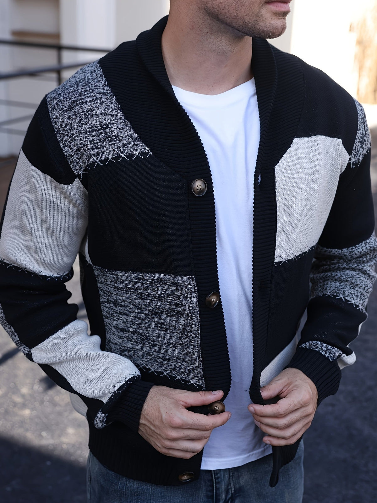 Color-Blocked Button-Up Cardigan – Casual Wear, Layering