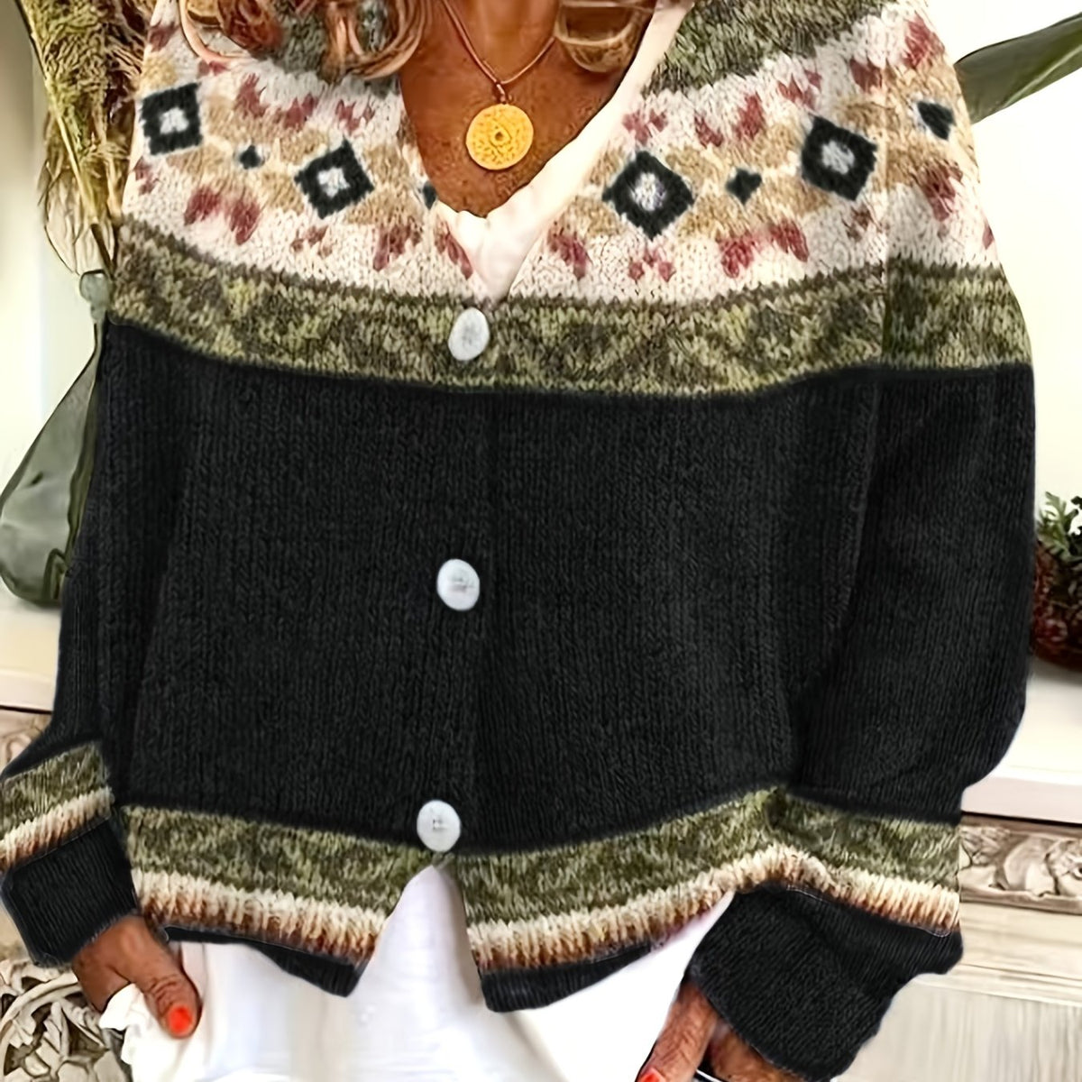 Patterned Button-Front Cardigan – Casual Wear, Layering