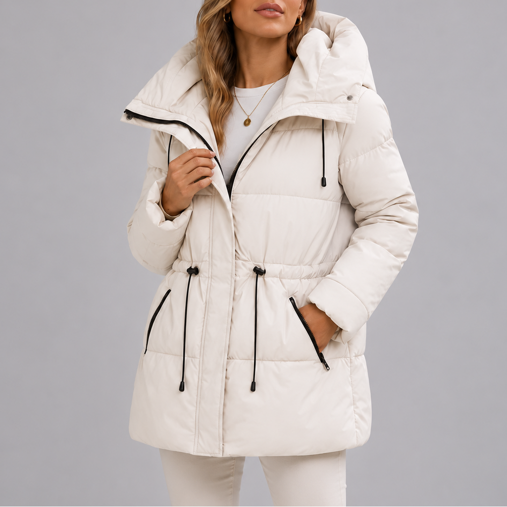 Women's Hooded Puffer Coat with Drawstring Waist – Casual, Winter Wear