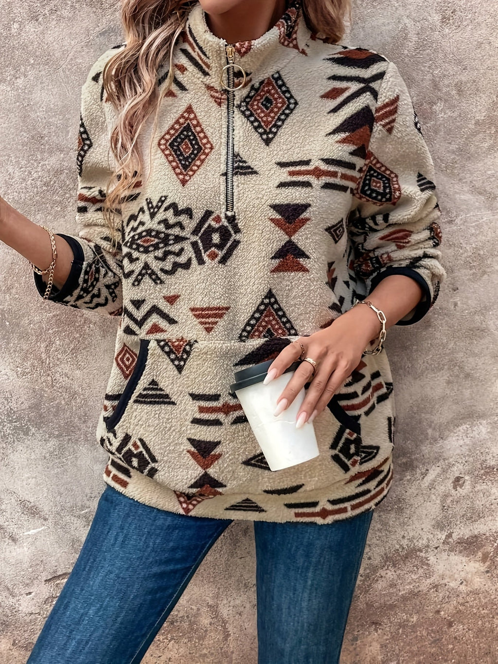 Aztec-Print Quarter-Zip Pullover – Casual Wear, Layering