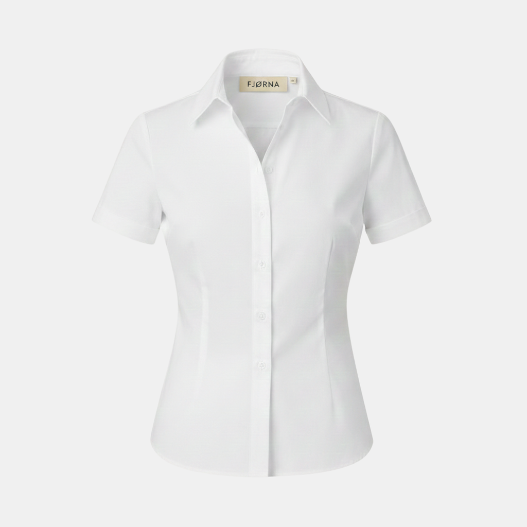 White short-sleeve shirt with collar on a light gray background