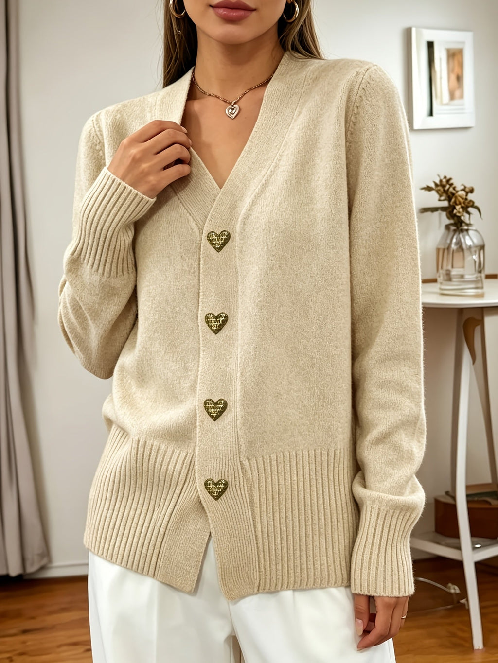 V-Neck Cardigan Heart-Button – Casual Wear, Layering