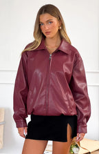 Rote PU Bomberjacke – Casual, Streetwear