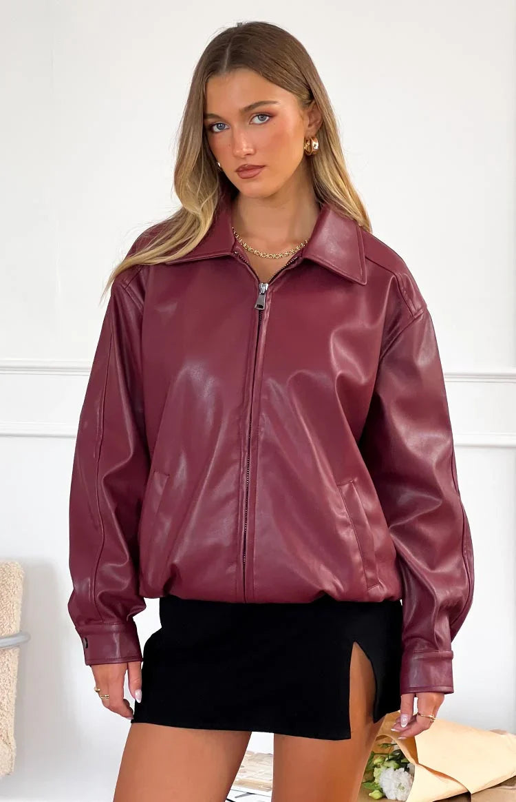 Rote PU Bomberjacke – Casual, Streetwear