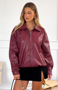 Rote PU Bomberjacke – Casual, Streetwear
