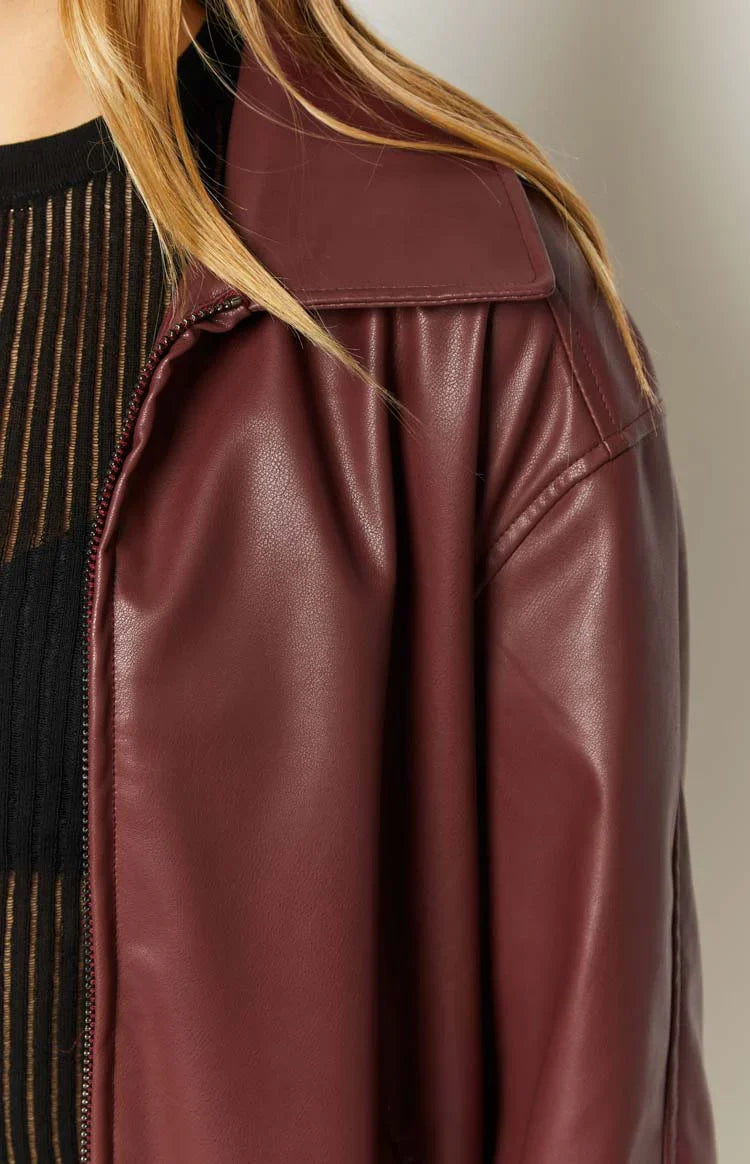 Rote PU Bomberjacke – Casual, Streetwear
