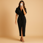 Ankle-Length V-Neck Draped Dress - Elegant Evening Wear for Women, Versatile Style for Special Occasions