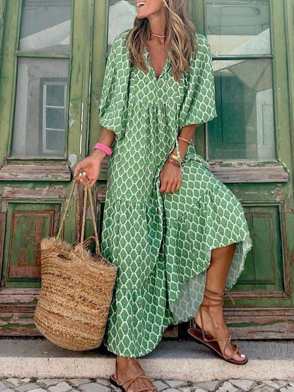 Bohemian Maxi Dress with Vibrant Print - Casual Summer Wear for Women