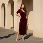 Burgundy Velvet Midi Cocktail Dress for Women - Elegant Evening Wear