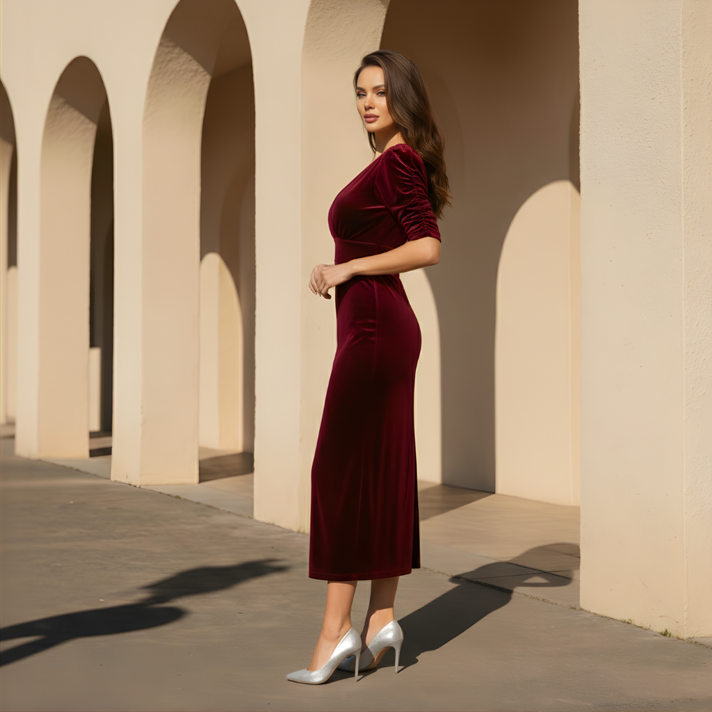 Burgundy Velvet Midi Cocktail Dress for Women - Elegant Evening Wear