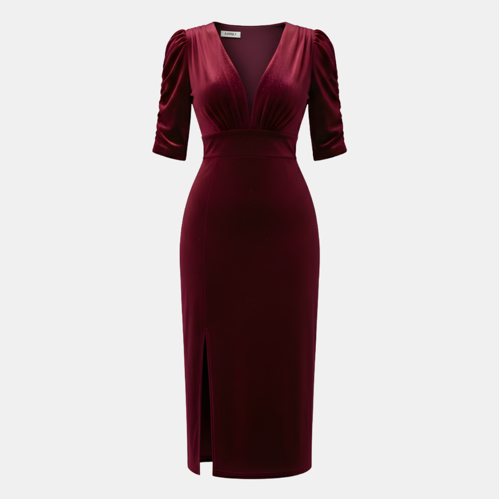Burgundy Velvet Midi Cocktail Dress for Women - Elegant Evening Wear