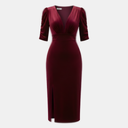 Burgundy Velvet Midi Cocktail Dress for Women - Elegant Evening Wear