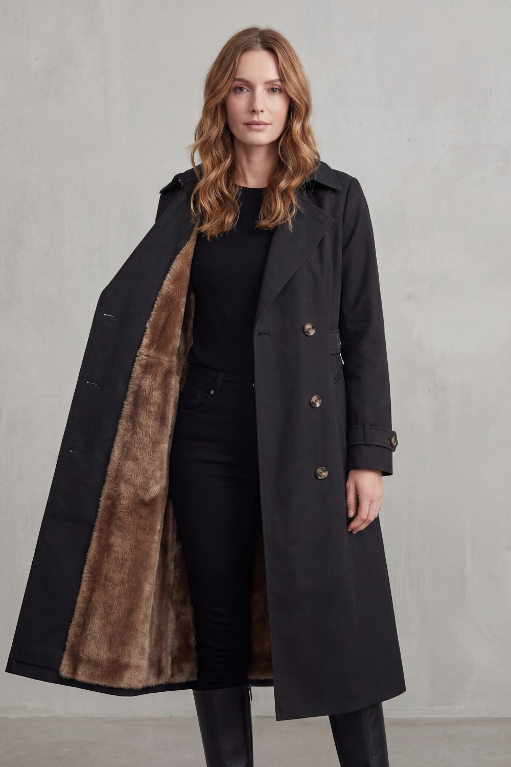 Women's Double-Breasted Winter Coat with Faux Fur Lining – Casual, Warm