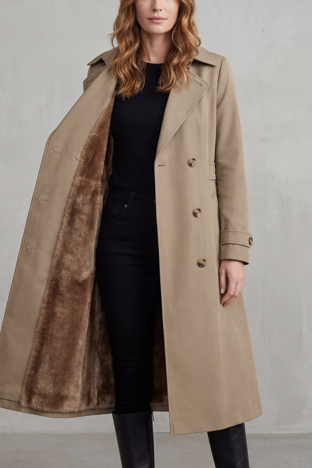 Women's Double-Breasted Winter Coat with Faux Fur Lining – Casual, Warm