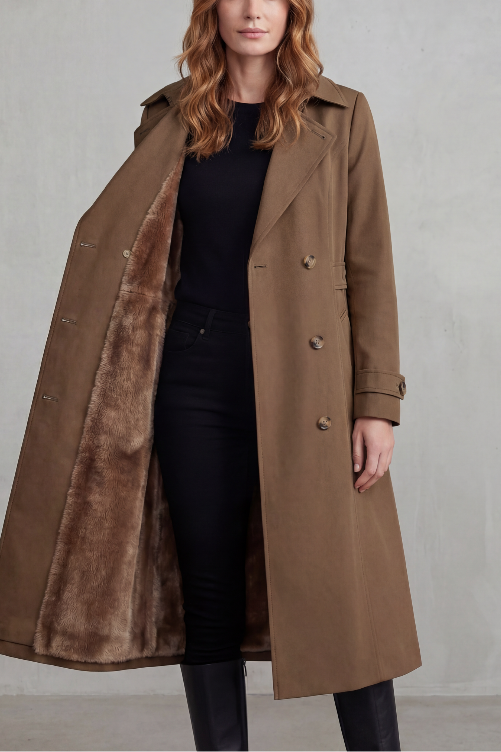 Women's Double-Breasted Winter Coat with Faux Fur Lining – Casual, Warm