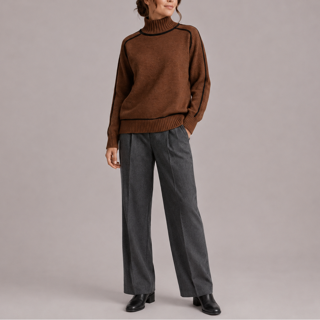 Women’s Turtleneck Sweater – Contrast Trim Knit Jumper, Casual, Office