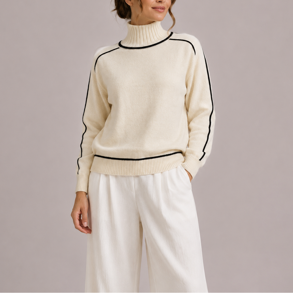 Women’s Turtleneck Sweater – Contrast Trim Knit Jumper, Casual, Office