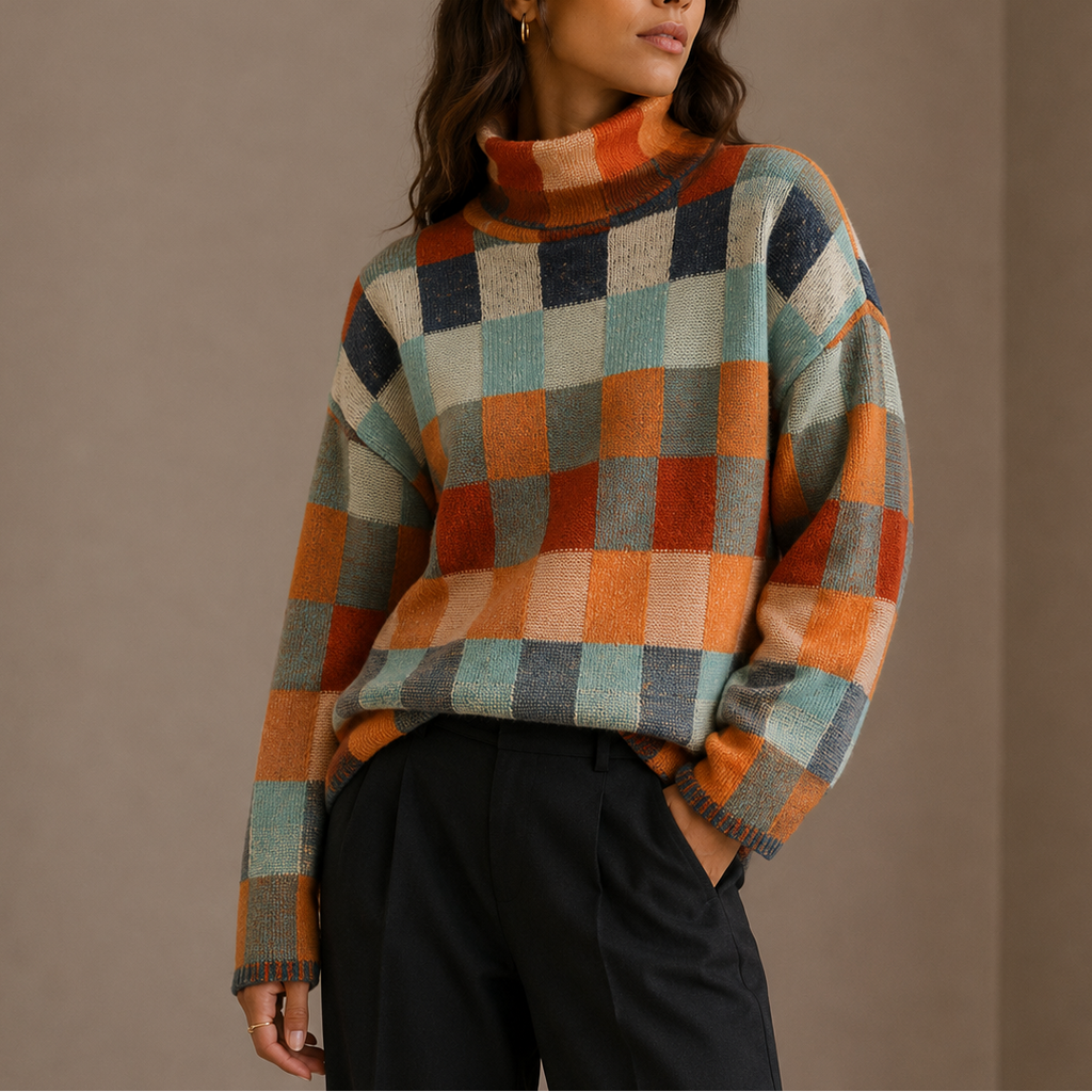 Checkered Turtleneck Sweater – Oversized Winter Knit Jumper, Casual, Cozy