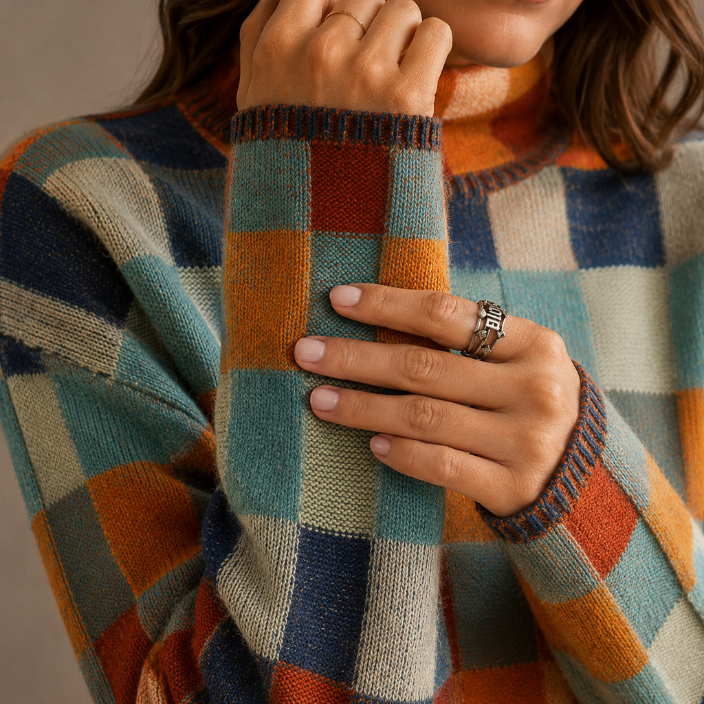 Checkered Turtleneck Sweater – Oversized Winter Knit Jumper, Casual, Cozy