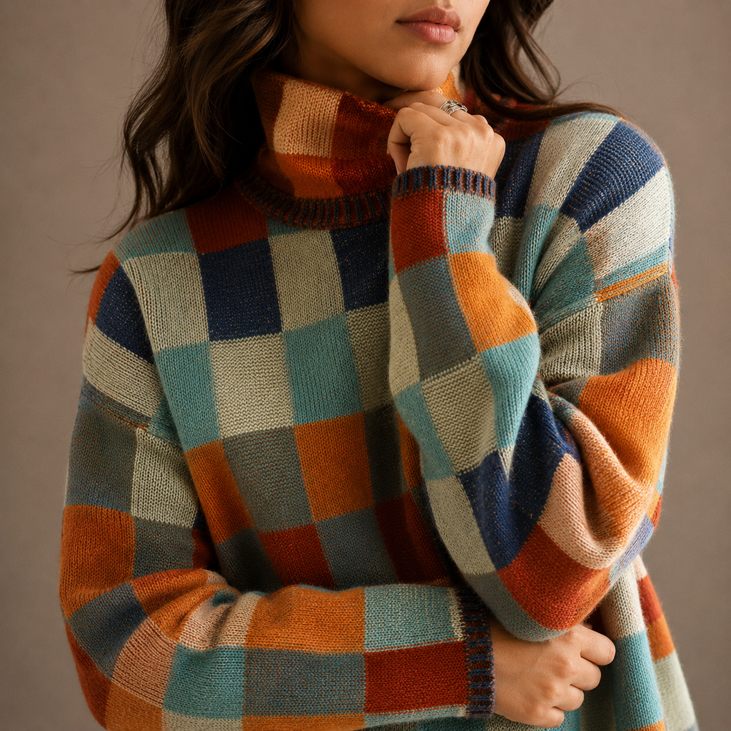 Checkered Turtleneck Sweater – Oversized Winter Knit Jumper, Casual, Cozy