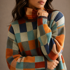 Checkered Turtleneck Sweater – Oversized Winter Knit Jumper, Casual, Cozy