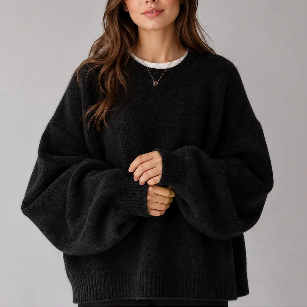 Women’s Oversized Knit Jumper – Crew Neck, Balloon Sleeves – Casual, Everyday Wear