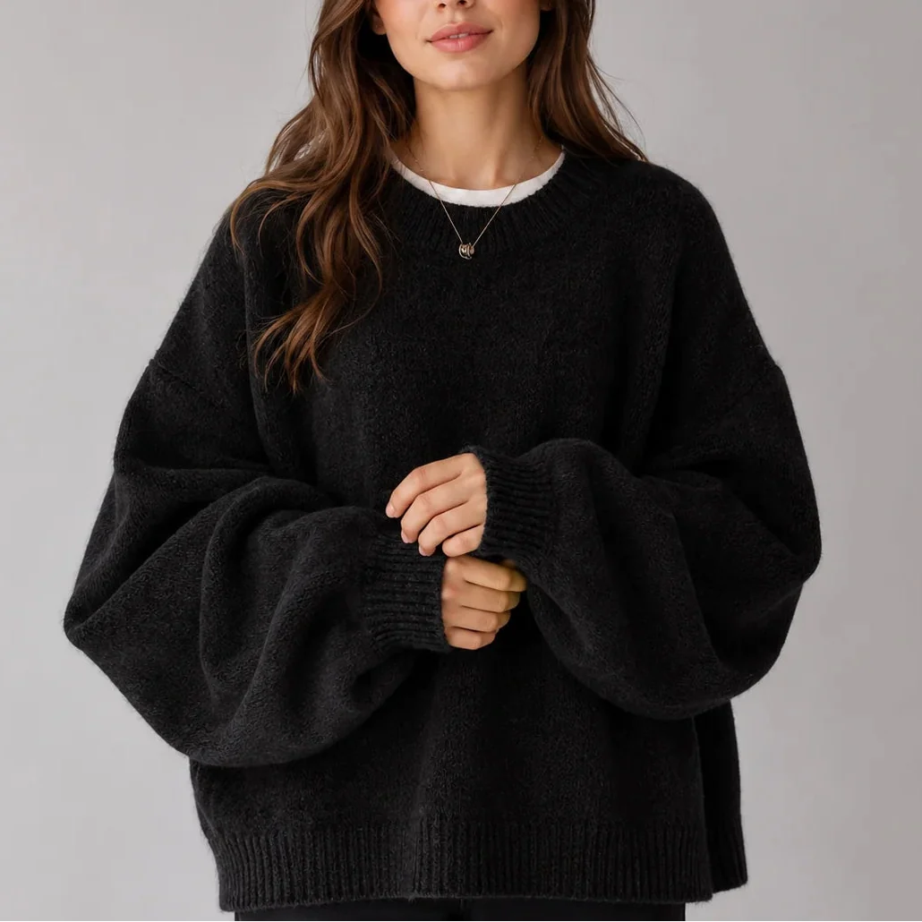 Women’s Oversized Knit Jumper – Crew Neck, Balloon Sleeves – Casual, Everyday Wear