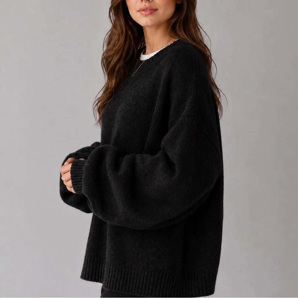 Women’s Oversized Knit Jumper – Crew Neck, Balloon Sleeves – Casual, Everyday Wear