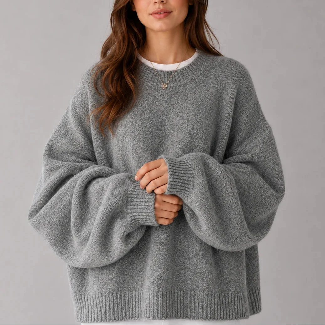 Women’s Oversized Knit Jumper – Crew Neck, Balloon Sleeves – Casual, Everyday Wear