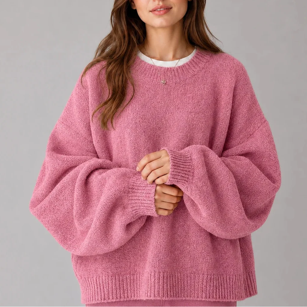 Women’s Oversized Knit Jumper – Crew Neck, Balloon Sleeves – Casual, Everyday Wear