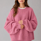 Women’s Oversized Knit Jumper – Crew Neck, Balloon Sleeves – Casual, Everyday Wear