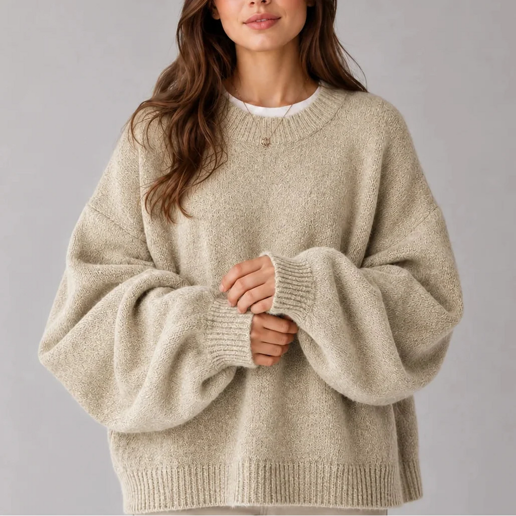 Women’s Oversized Knit Jumper – Crew Neck, Balloon Sleeves – Casual, Everyday Wear