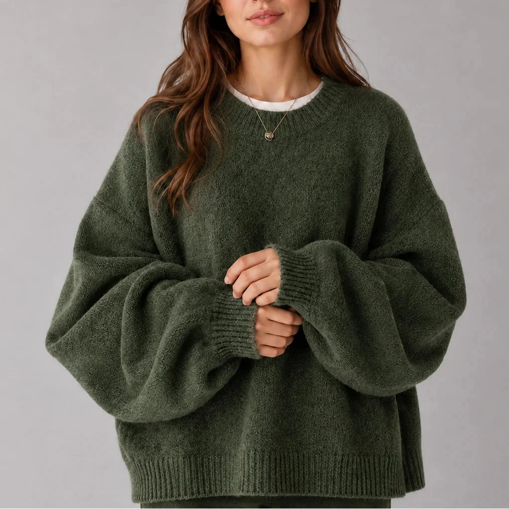 Women’s Oversized Knit Jumper – Crew Neck, Balloon Sleeves – Casual, Everyday Wear
